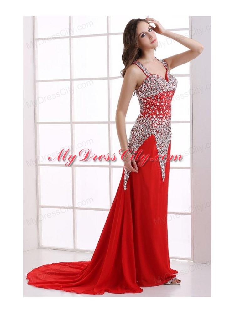 Column Wine Red Beading Straps Court Train Chiffon Prom Dress