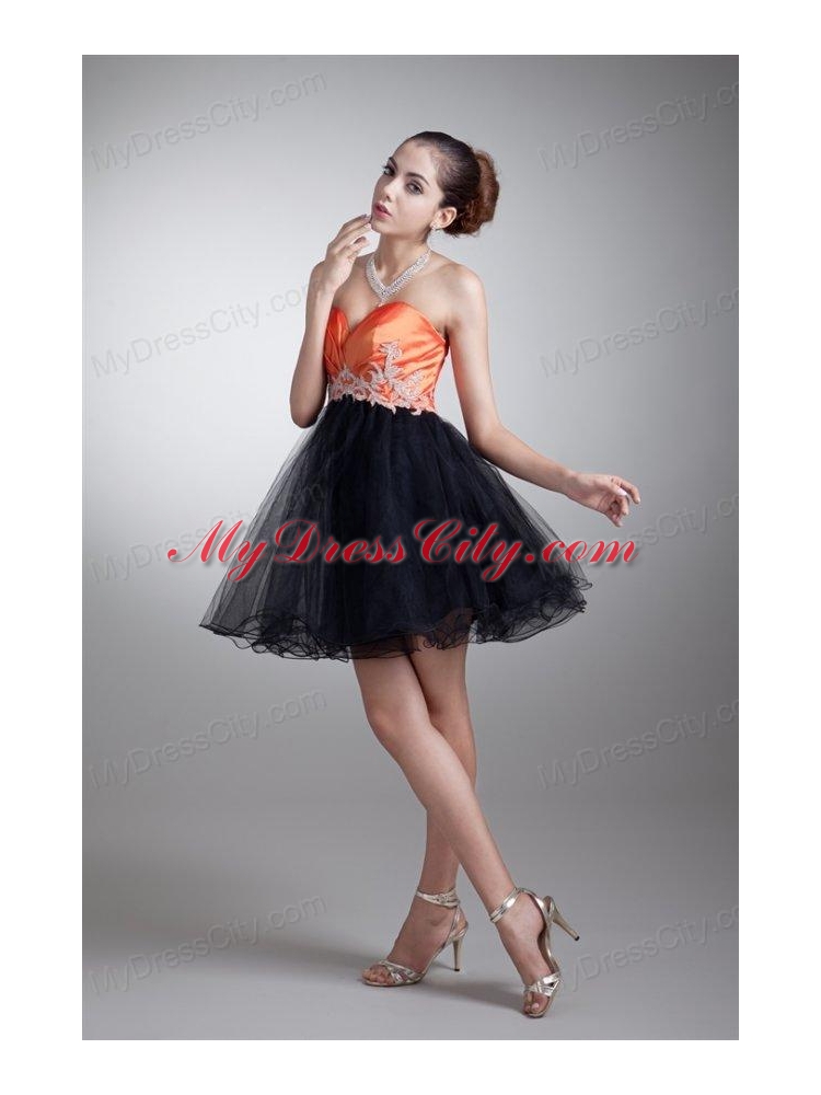 Cute A-line Sweetheart Orange Mini-length Tulle Appliques Prom Dress