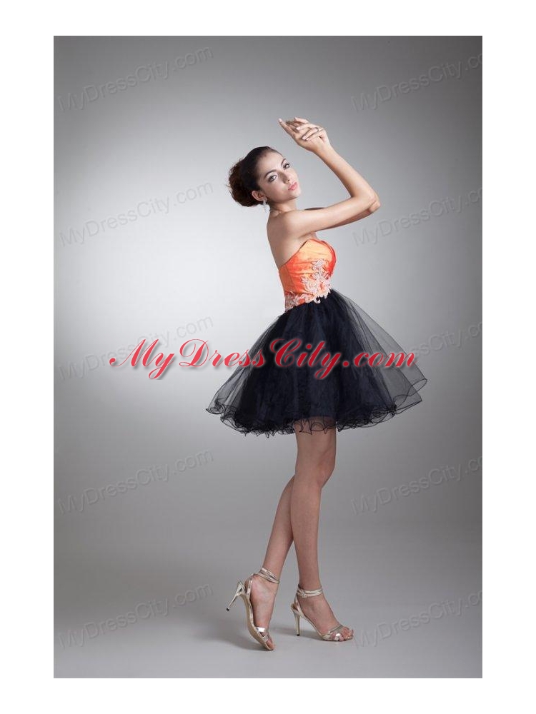 Cute A-line Sweetheart Orange Mini-length Tulle Appliques Prom Dress