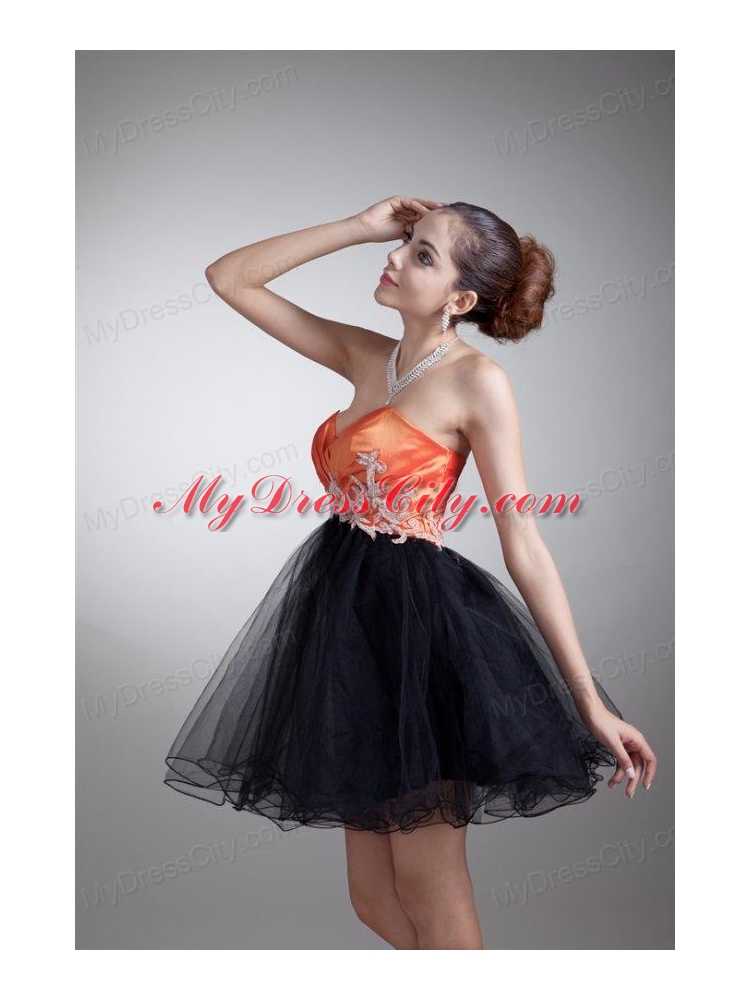 Cute A-line Sweetheart Orange Mini-length Tulle Appliques Prom Dress