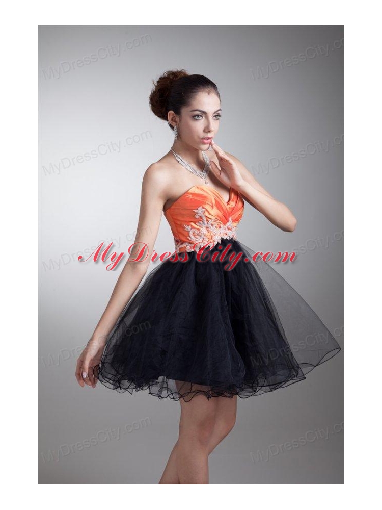 Cute A-line Sweetheart Orange Mini-length Tulle Appliques Prom Dress