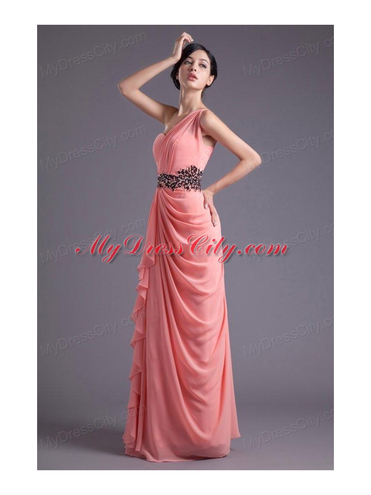 Elegant Column One Shoulder Chiffon Appliques Watermelon Prom Dress