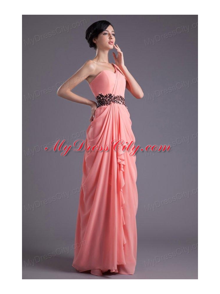 Elegant Column One Shoulder Chiffon Appliques Watermelon Prom Dress