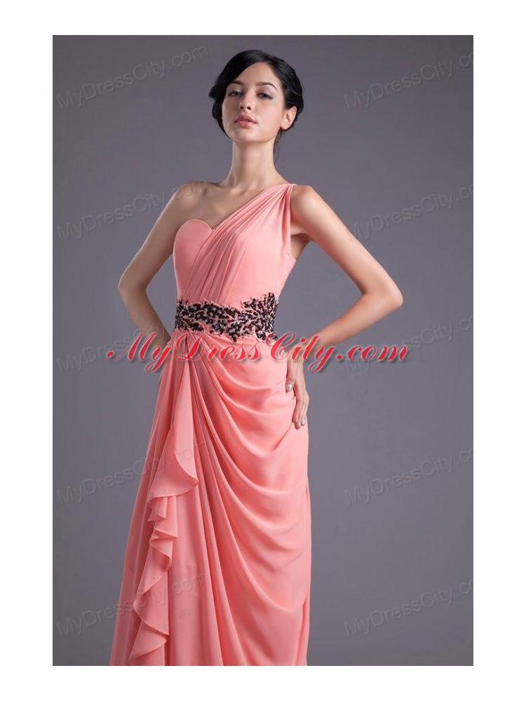 Elegant Column One Shoulder Chiffon Appliques Watermelon Prom Dress