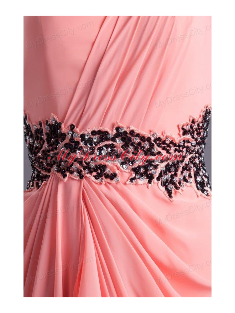 Elegant Column One Shoulder Chiffon Appliques Watermelon Prom Dress