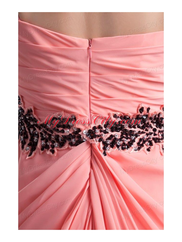 Elegant Column One Shoulder Chiffon Appliques Watermelon Prom Dress