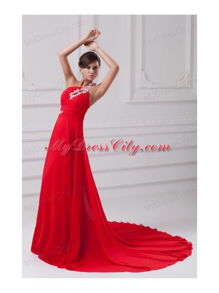 Elegant Empire One Shoulder Appliques Court Train Chiffon Red Prom Dresses