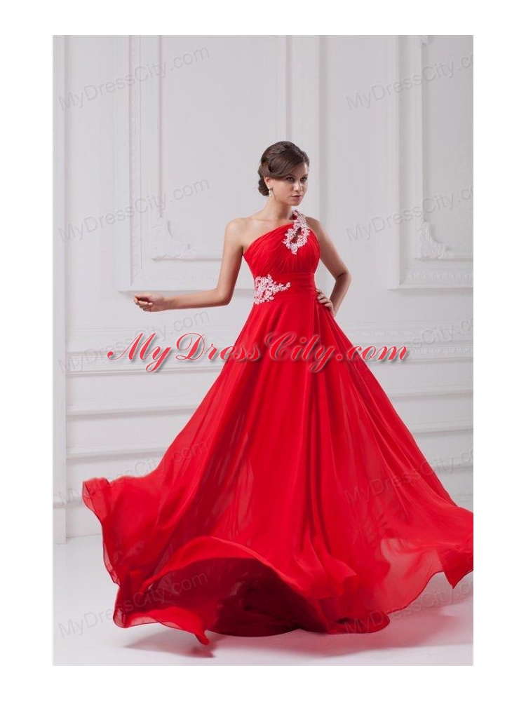 Elegant Empire One Shoulder Appliques Court Train Chiffon Red Prom Dresses