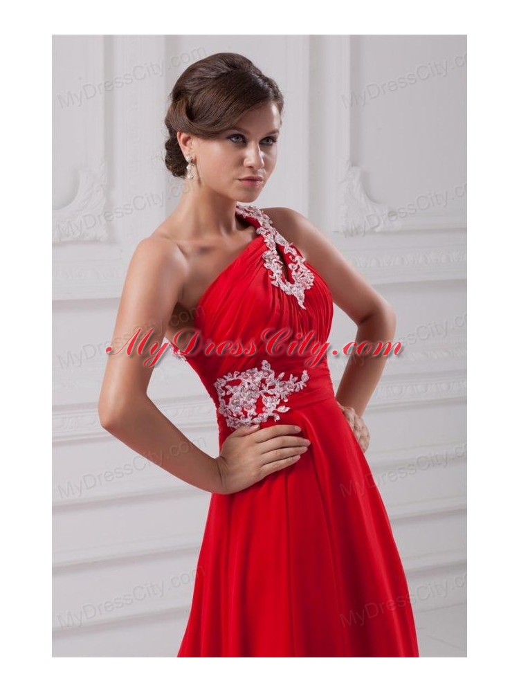 Elegant Empire One Shoulder Appliques Court Train Chiffon Red Prom Dresses