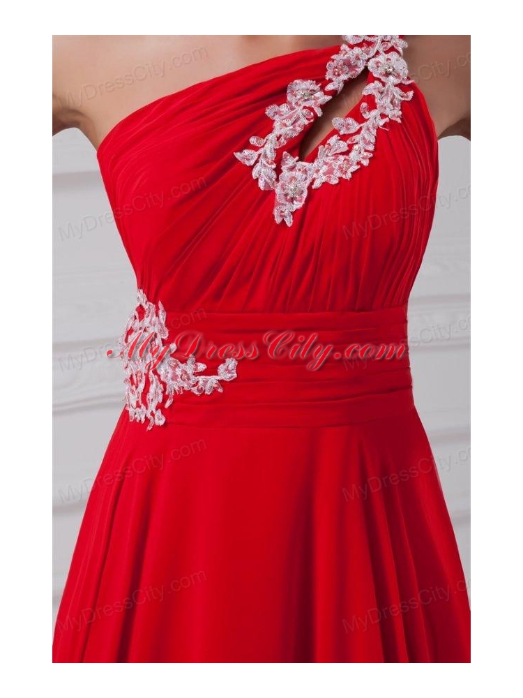 Elegant Empire One Shoulder Appliques Court Train Chiffon Red Prom Dresses