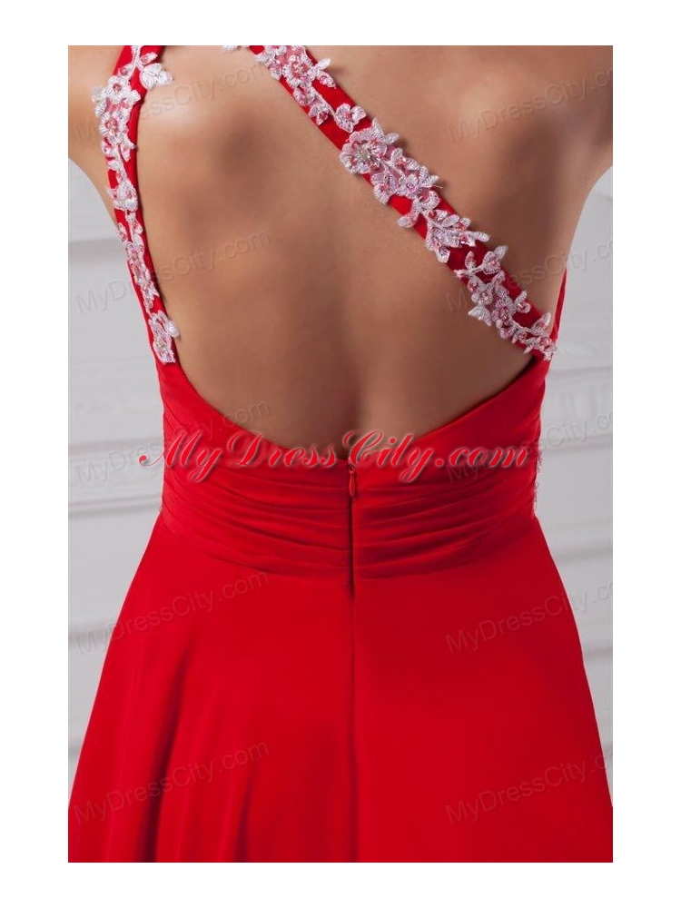 Elegant Empire One Shoulder Appliques Court Train Chiffon Red Prom Dresses