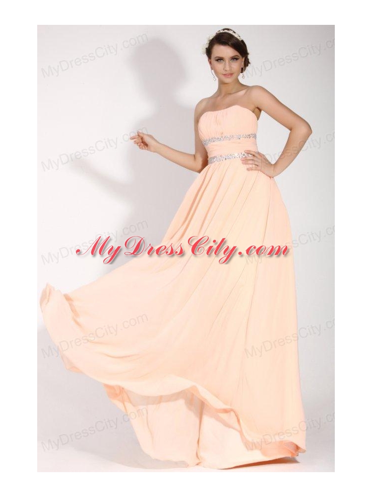 Elegant Empire Strapless Champagne Chiffon Floor-length Prom Dress with Beading