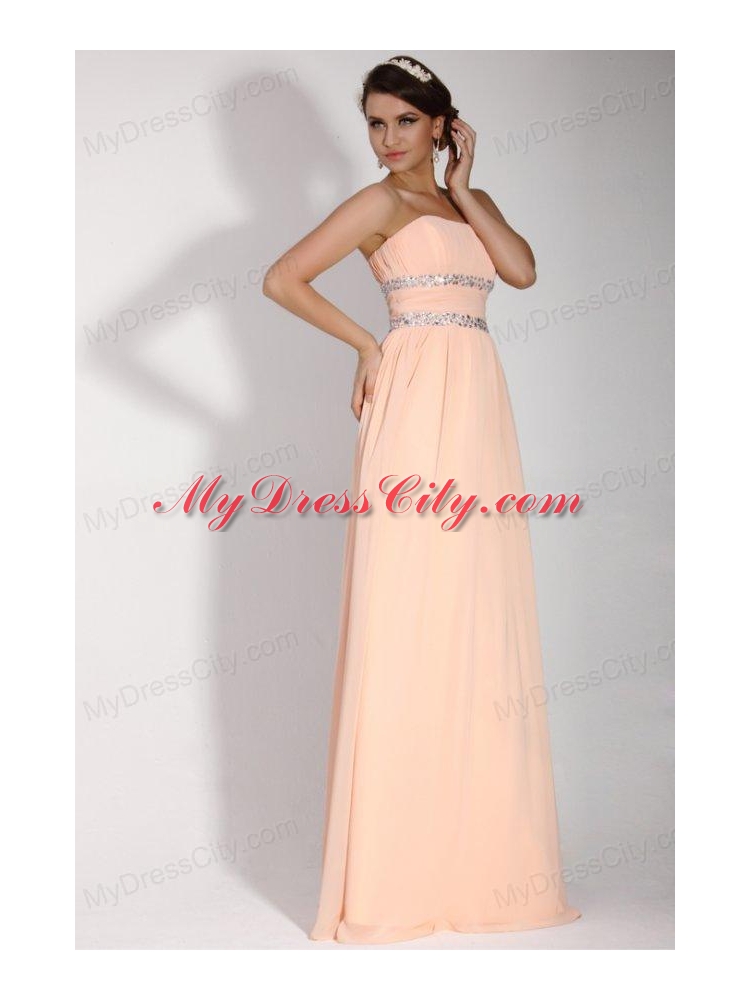 Elegant Empire Strapless Champagne Chiffon Floor-length Prom Dress with Beading