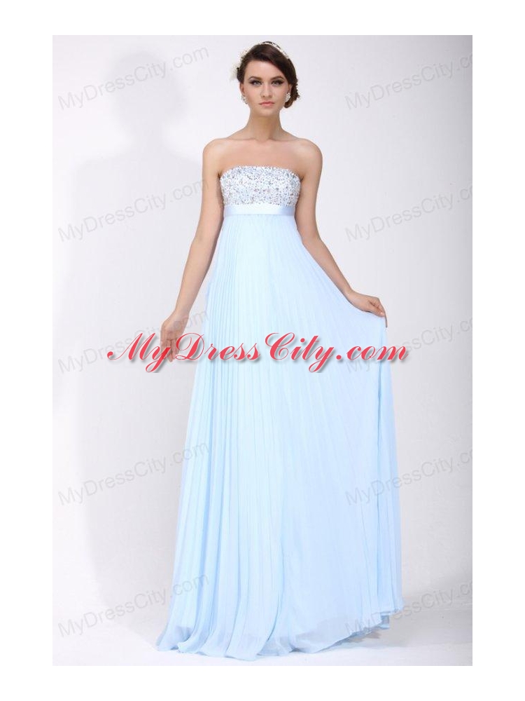 Elegant Empire Strapless Chiffon 2014 Spring Blue Prom Dress with Beading