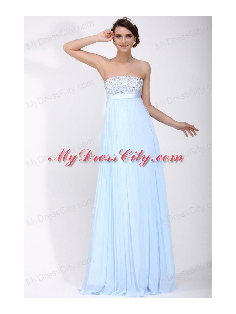 Elegant Empire Strapless Chiffon 2014 Spring Blue Prom Dress with Beading