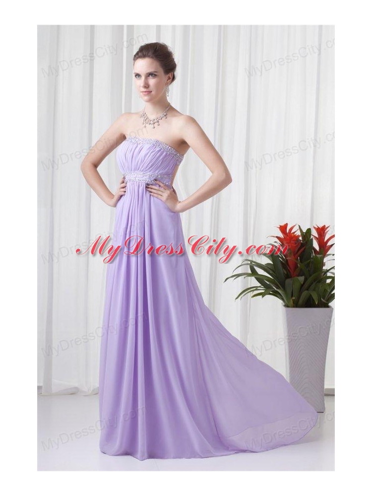 Elegant Empire Strapless Court Train Beading Lavender Prom Dress with Backless