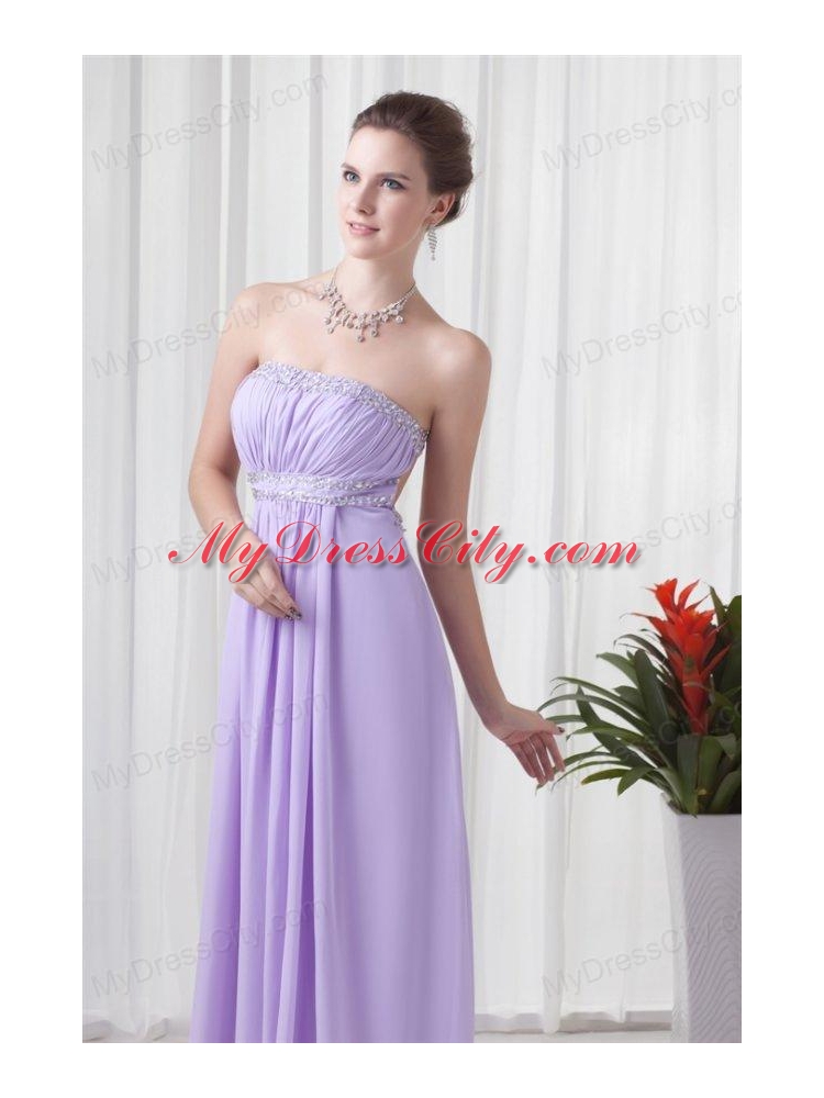 Elegant Empire Strapless Court Train Beading Lavender Prom Dress with Backless