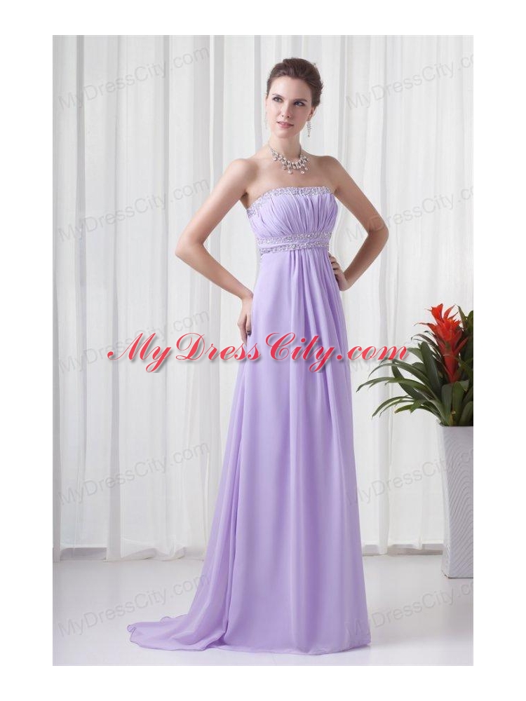 Elegant Empire Strapless Court Train Beading Lavender Prom Dress with Backless