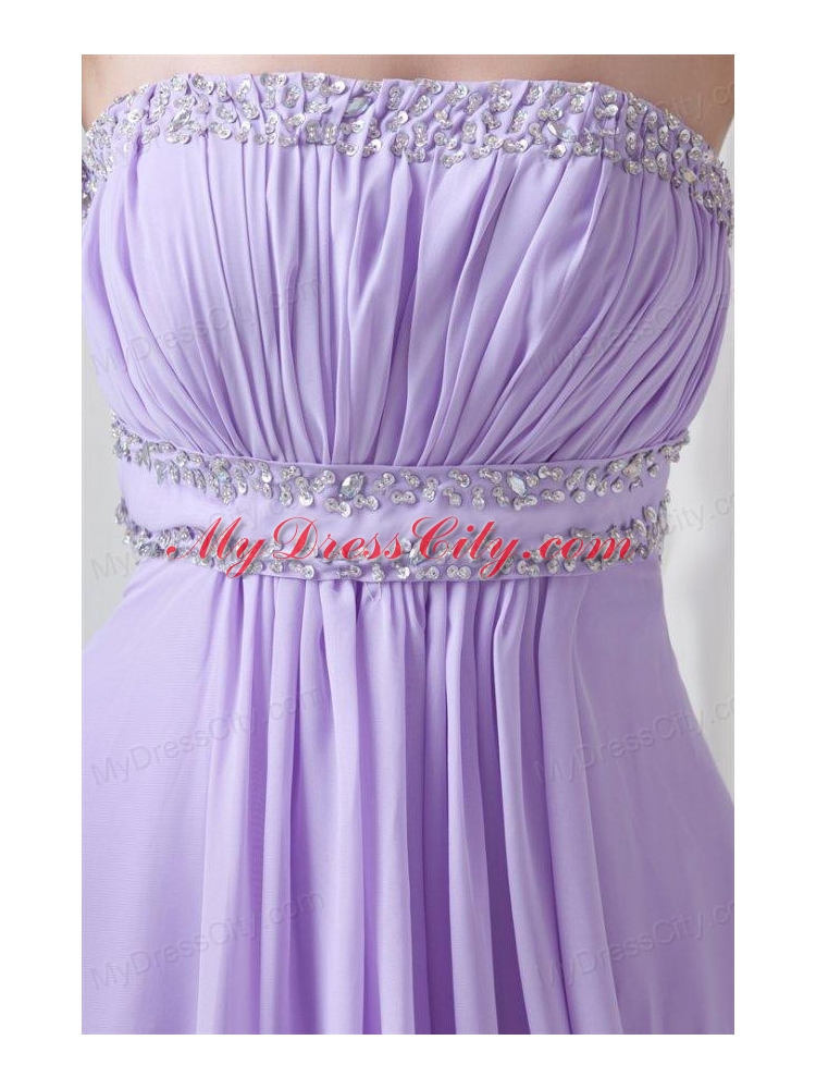 Elegant Empire Strapless Court Train Beading Lavender Prom Dress with Backless