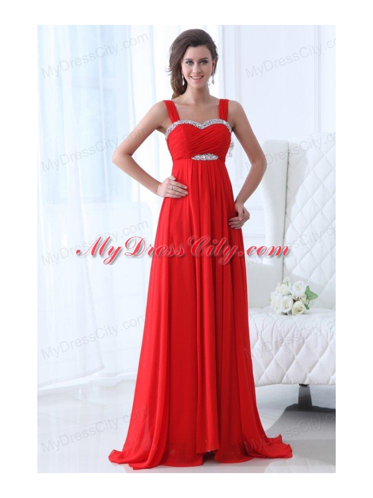 Elegant Empire Straps Beading Chiffon Red 2014 Prom Dress