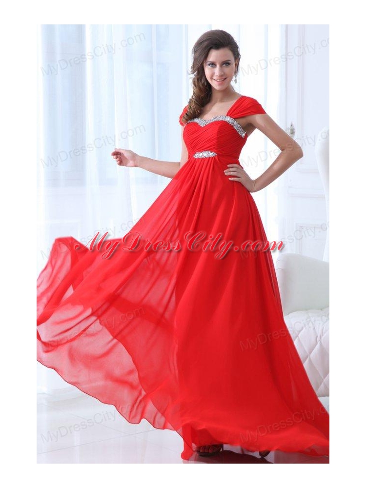 Elegant Empire Straps Beading Chiffon Red 2014 Prom Dress