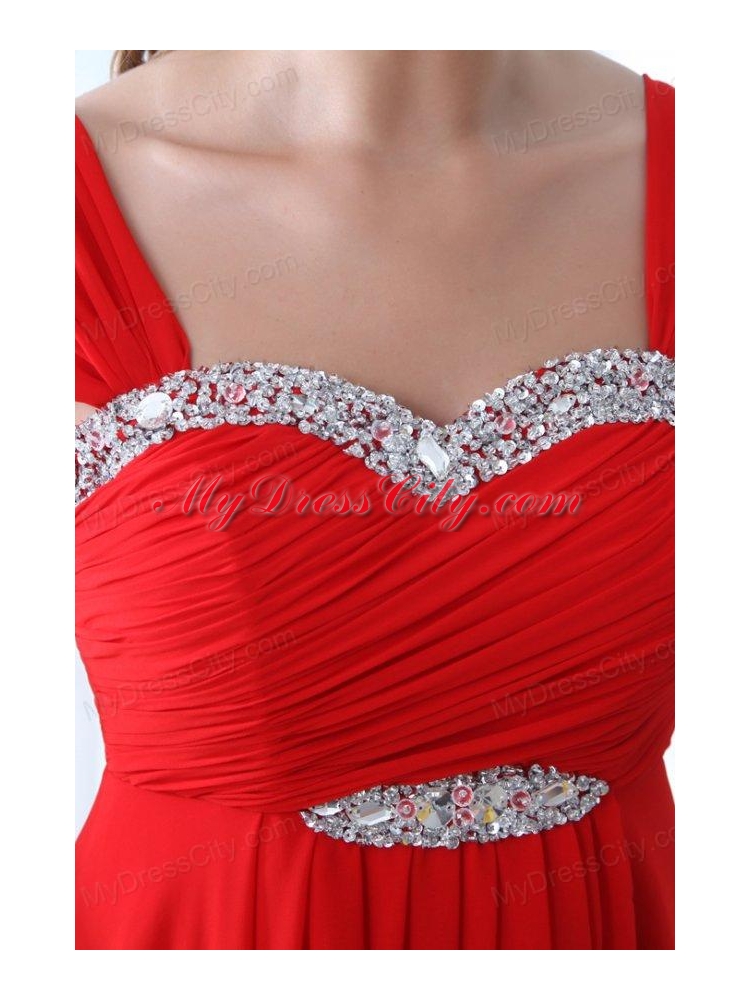 Elegant Empire Straps Beading Chiffon Red 2014 Prom Dress