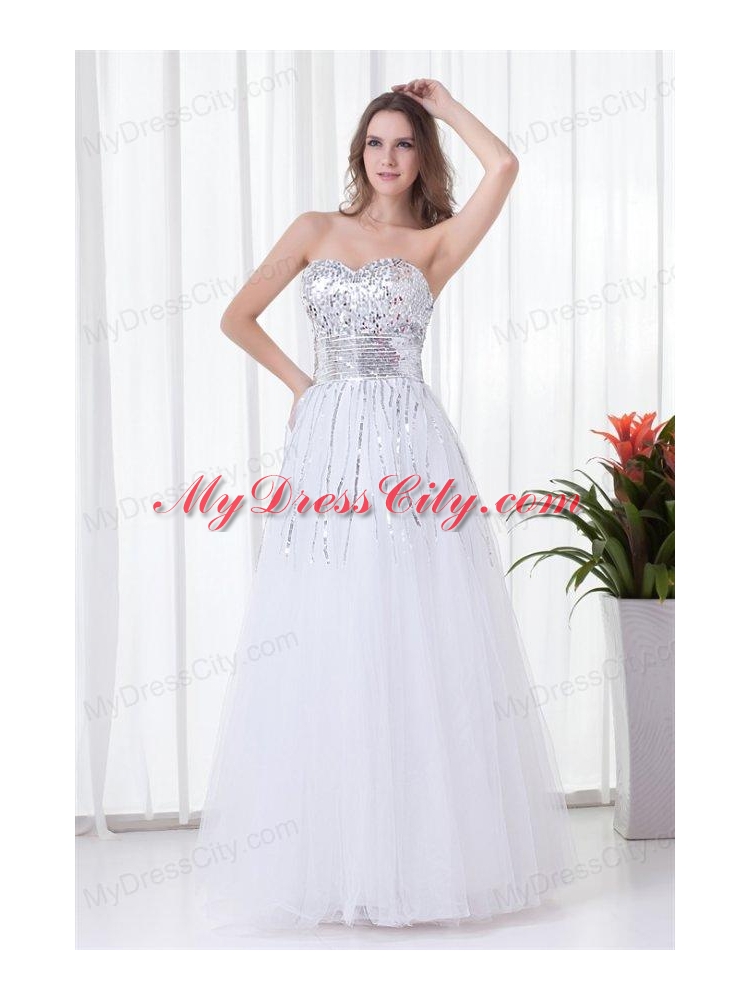 Elegant White A-line Sweetheart Tulle Floor-length Paillette  Prom Dress