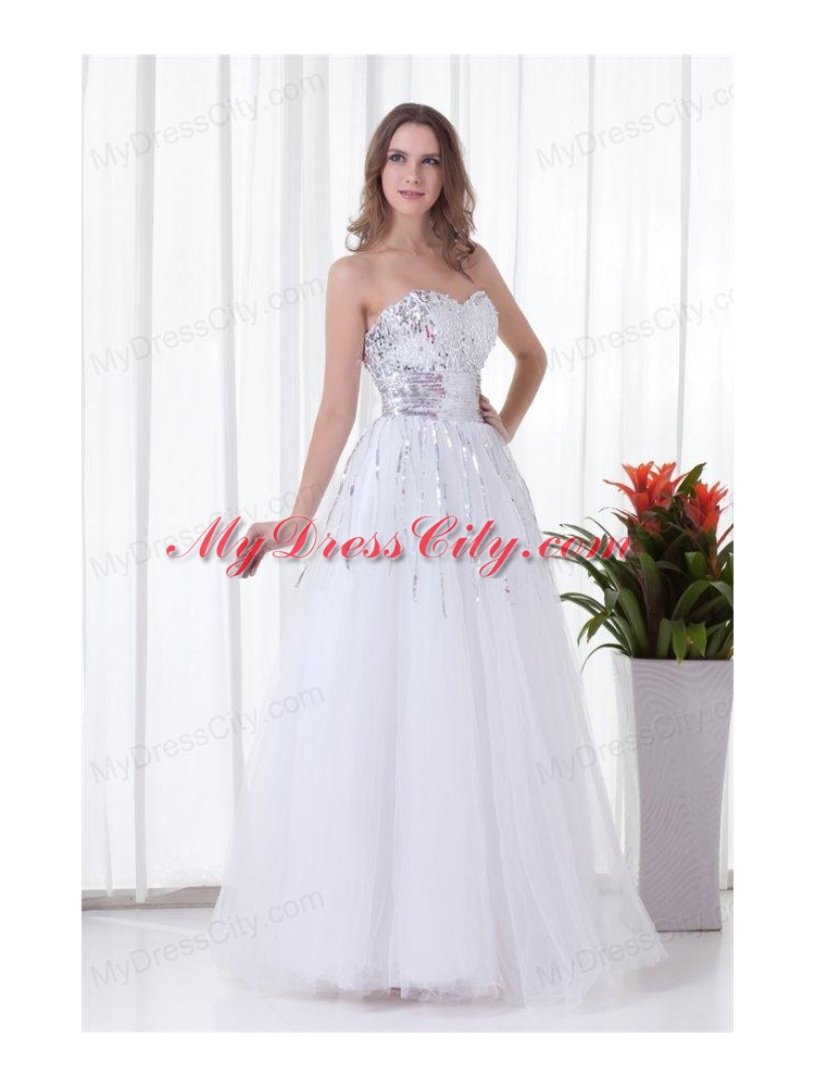 Elegant White A-line Sweetheart Tulle Floor-length Paillette  Prom Dress