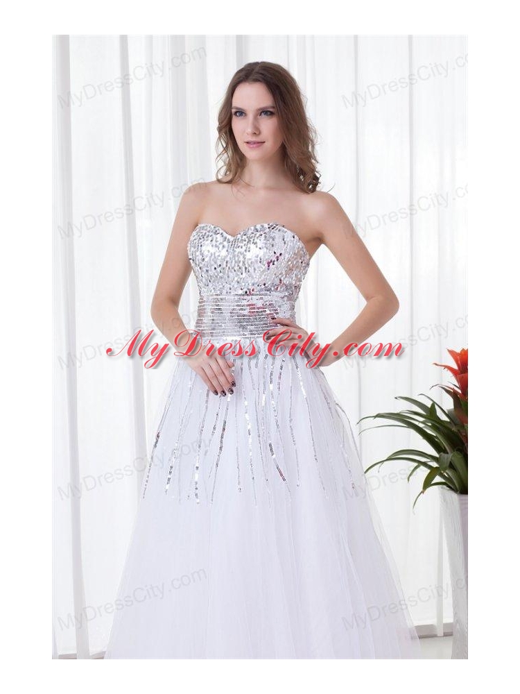 Elegant White A-line Sweetheart Tulle Floor-length Paillette  Prom Dress