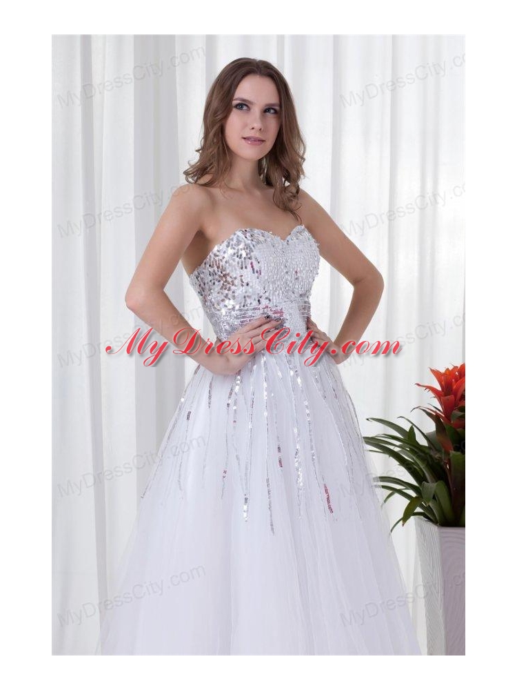 Elegant White A-line Sweetheart Tulle Floor-length Paillette  Prom Dress