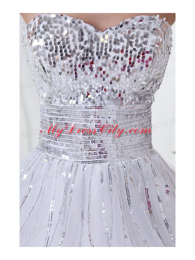 Elegant White A-line Sweetheart Tulle Floor-length Paillette  Prom Dress