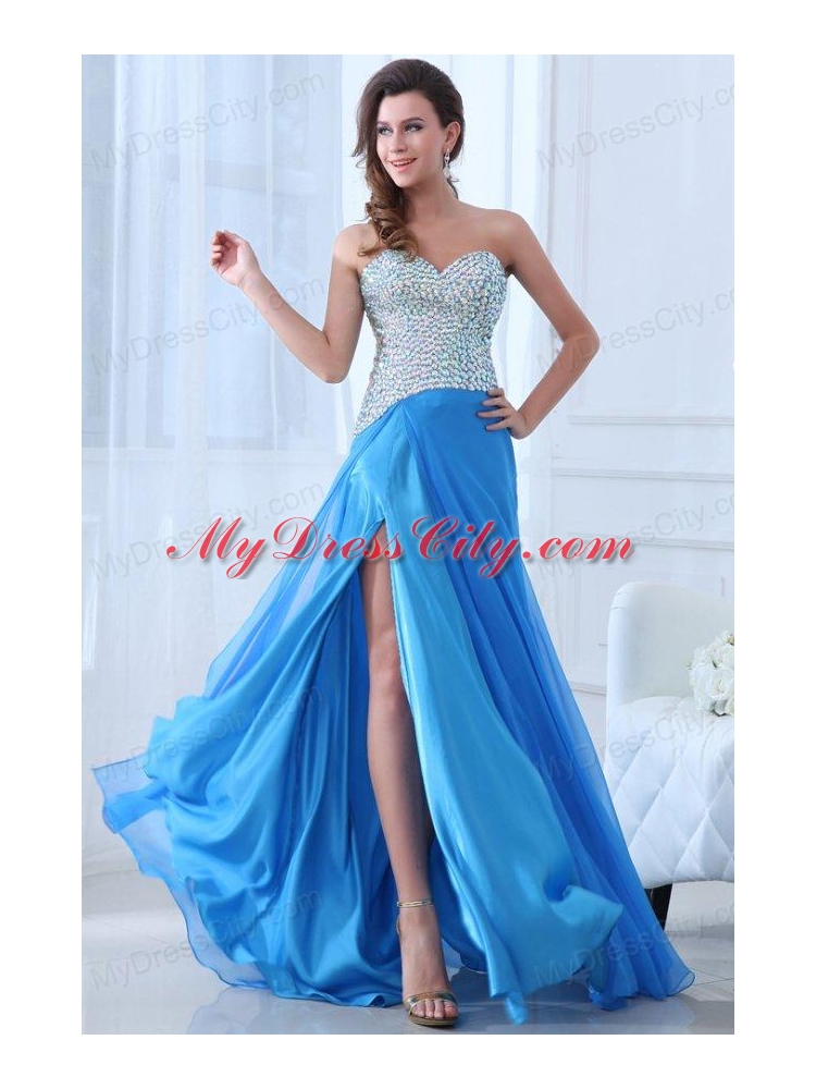 Empire Blue Sweetheart Beading High Slit Chiffon Prom Dress