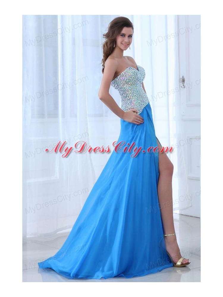 Empire Blue Sweetheart Beading High Slit Chiffon Prom Dress