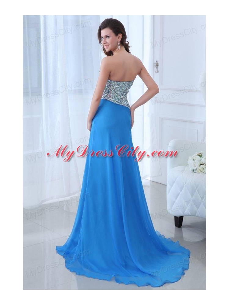 Empire Blue Sweetheart Beading High Slit Chiffon Prom Dress