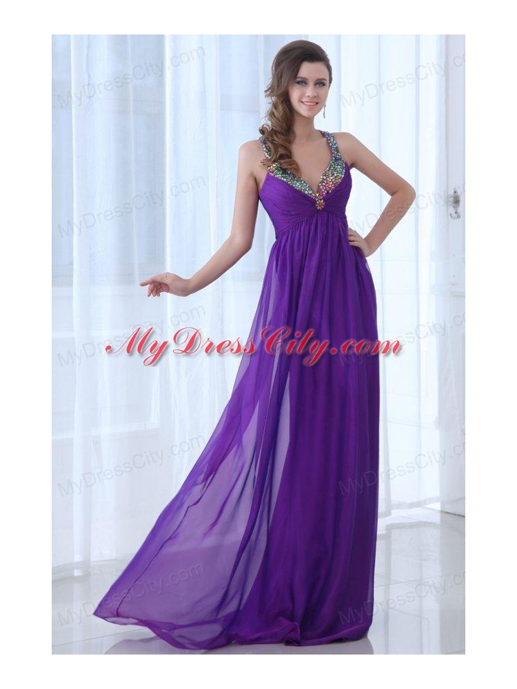 Empire Eggplant Purple Beading Straps Ruching Chiffon Prom Dress