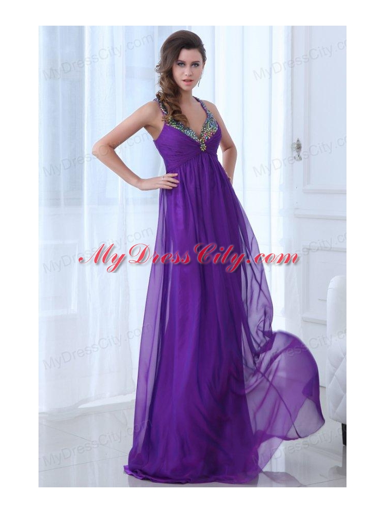 Empire Eggplant Purple Beading Straps Ruching Chiffon Prom Dress