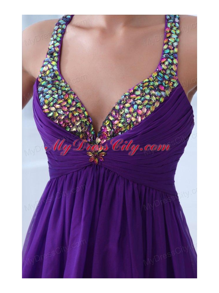 Empire Eggplant Purple Beading Straps Ruching Chiffon Prom Dress