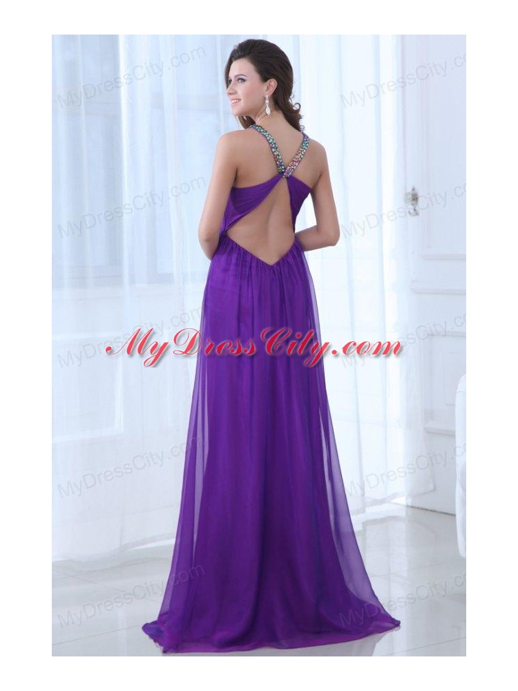 Empire Eggplant Purple Beading Straps Ruching Chiffon Prom Dress