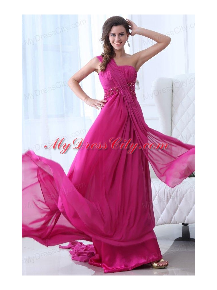 Empire Fuchsia Beading Ruching One Shoulder Prom Dress