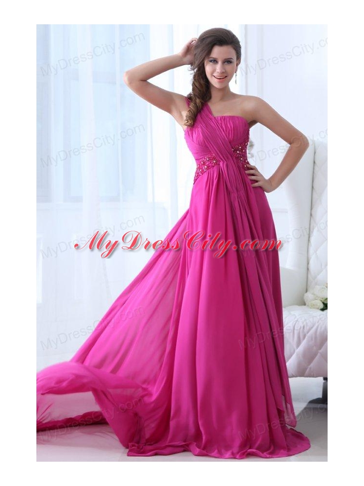 Empire Fuchsia Beading Ruching One Shoulder Prom Dress