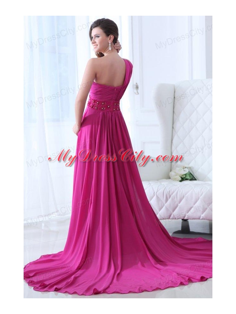 Empire Fuchsia Beading Ruching One Shoulder Prom Dress