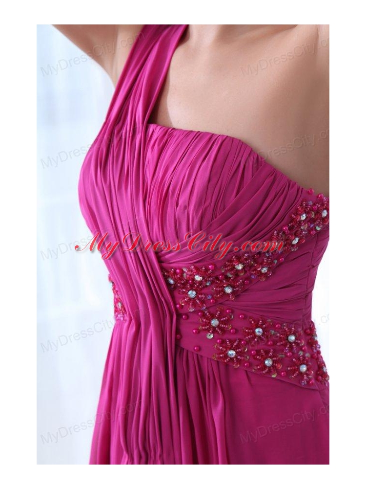 Empire Fuchsia Beading Ruching One Shoulder Prom Dress