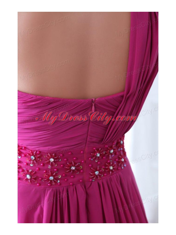 Empire Fuchsia Beading Ruching One Shoulder Prom Dress