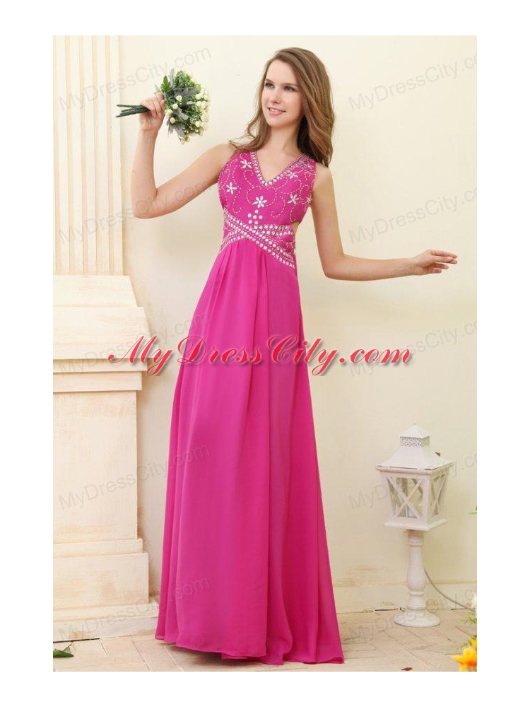 Empire Hot Pink V-neck Beading Chiffon Prom Dress