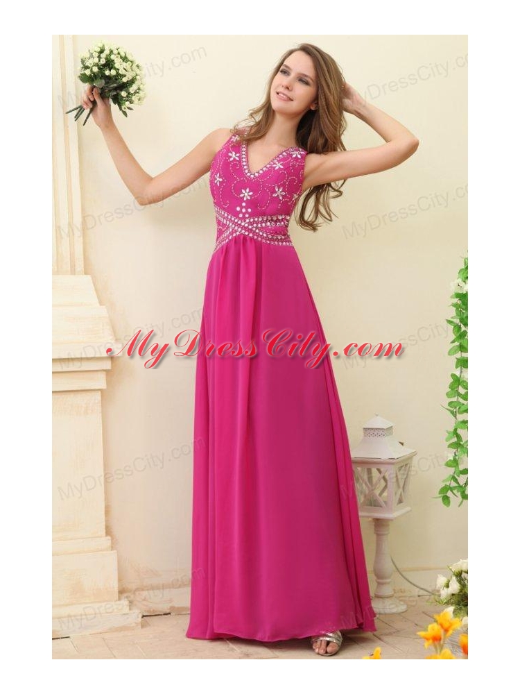 Empire Hot Pink V-neck Beading Chiffon Prom Dress