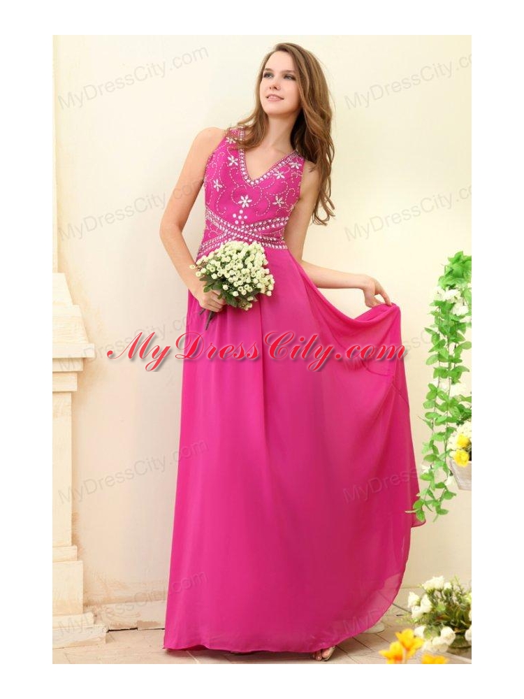 Empire Hot Pink V-neck Beading Chiffon Prom Dress