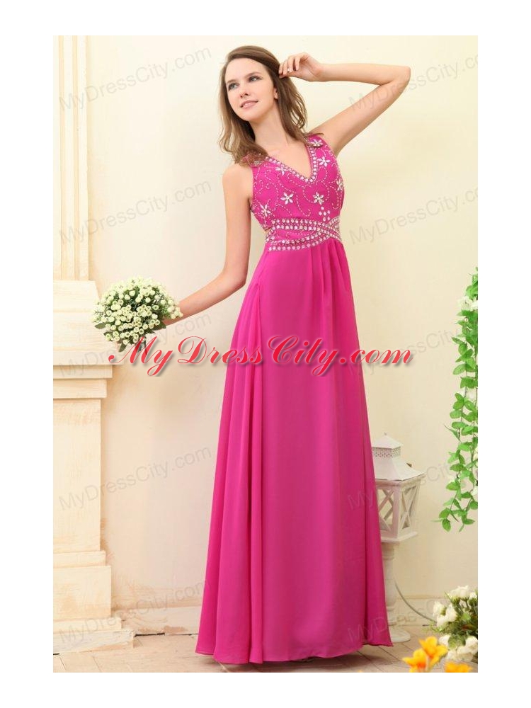 Empire Hot Pink V-neck Beading Chiffon Prom Dress