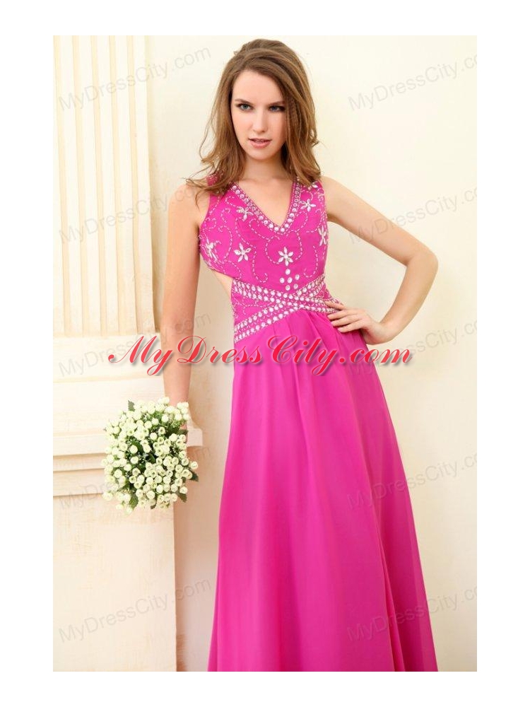 Empire Hot Pink V-neck Beading Chiffon Prom Dress