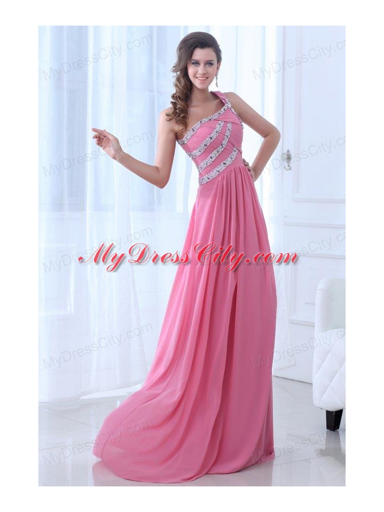 Empire One Shoulder Rose Pink Ruching and Beading Chiffon Prom Dress