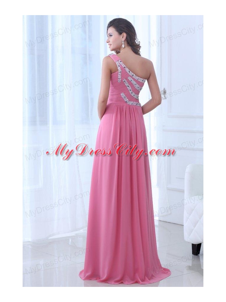 Empire One Shoulder Rose Pink Ruching and Beading Chiffon Prom Dress